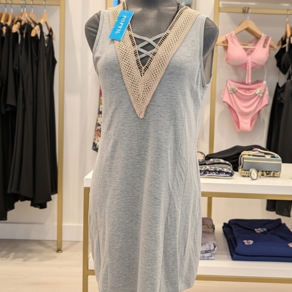 Popvil Gray Sleeveless A-Line Cover Up Mini Dress Lace Criss Cross V-Neck Size S